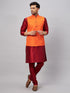 Vastramay Men's Orange Matka Silk Nehru Jacket With Maroon Silk Blend Kurta Pyjama Set